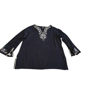 INC International Concepts Woman 2X Black‎ Embroidered Split V-Neck Knit Top